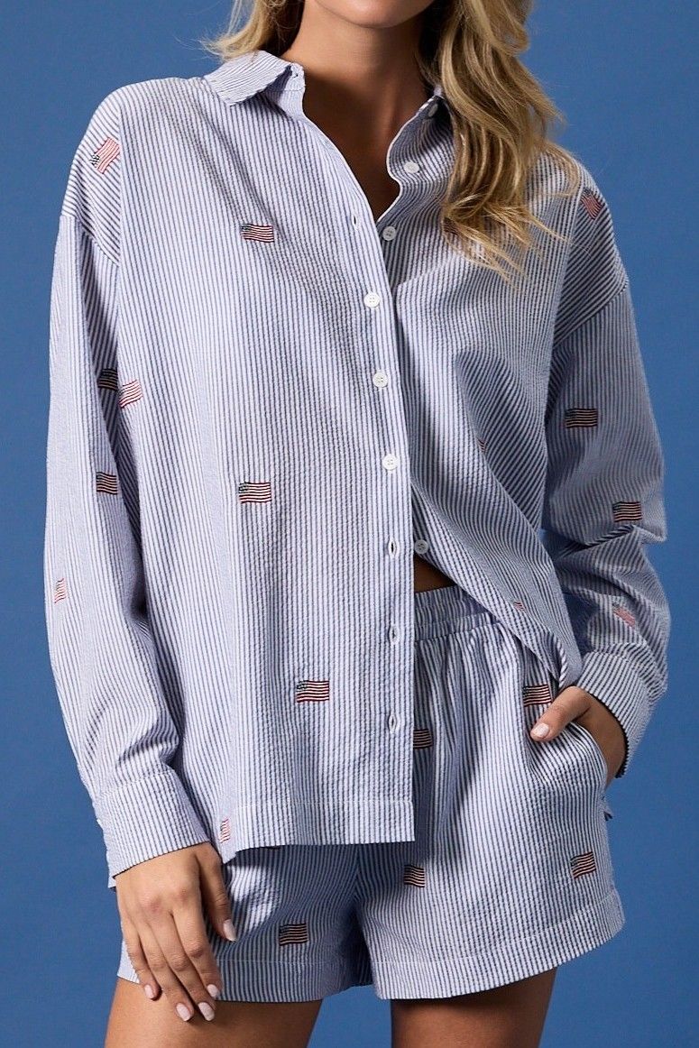 Ricky Flag Embroidered Seersucker Button Down Shirt - Sunday Edition by LE LIS - COLOR GAME