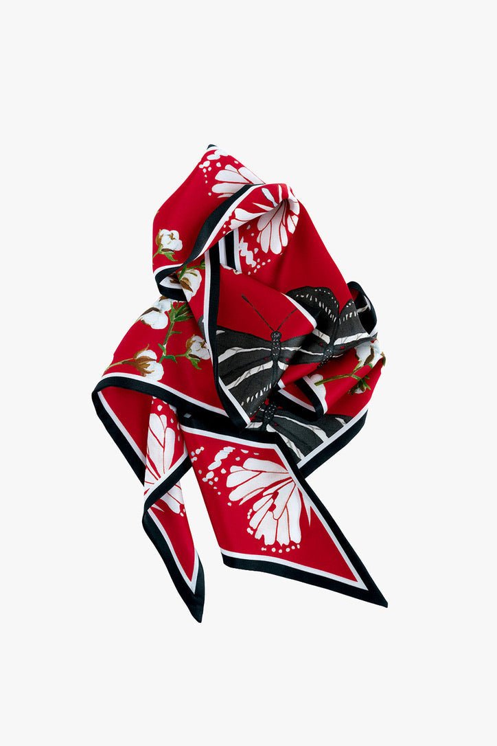 Scarlet and black butterfly silk ribbon scarf by Catherine Cartie, view 3