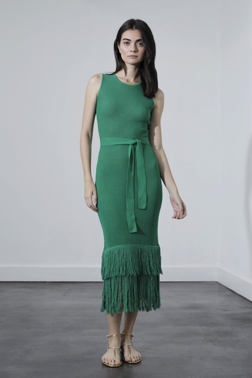 Shania Kelly Green Knit Fringe Midi Dress - Karina Grimaldi - Color Game