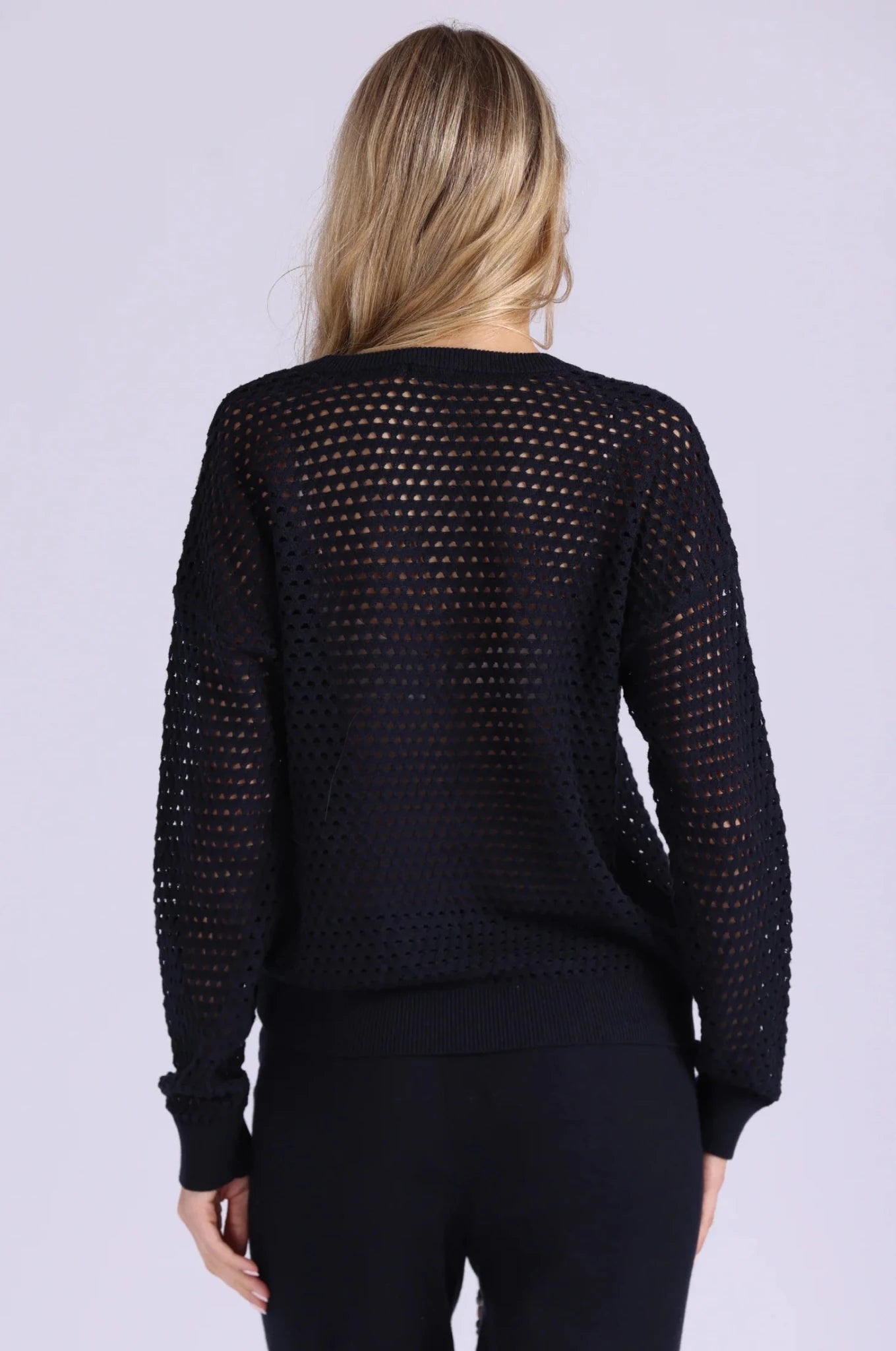 Solid Mesh Long Sleeve V Neck Navy - Minnie Rose - COLOR GAME