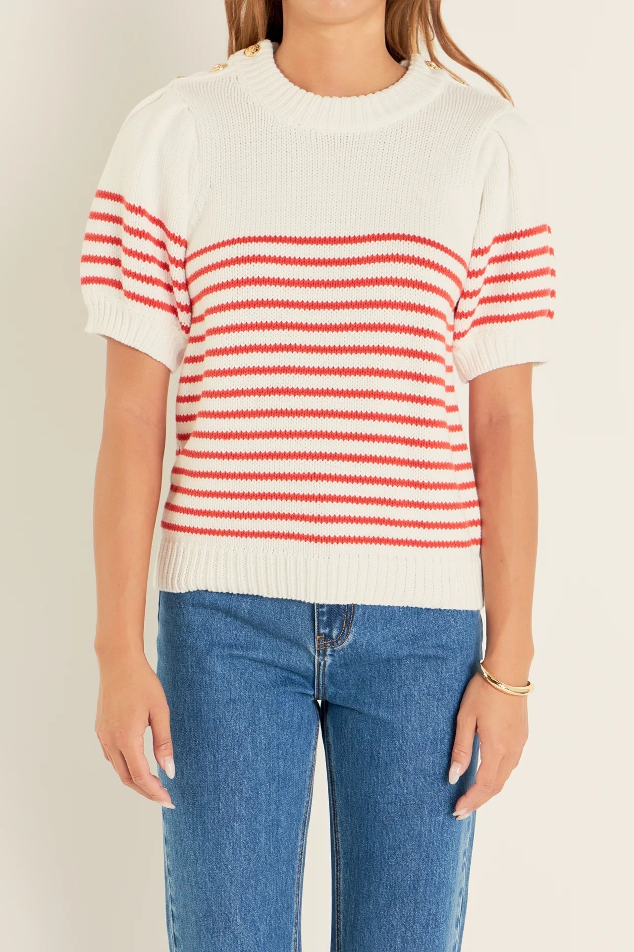 Stripe Short Puff Sleeve Button Sweater Red - English Factory - COLOR GAME