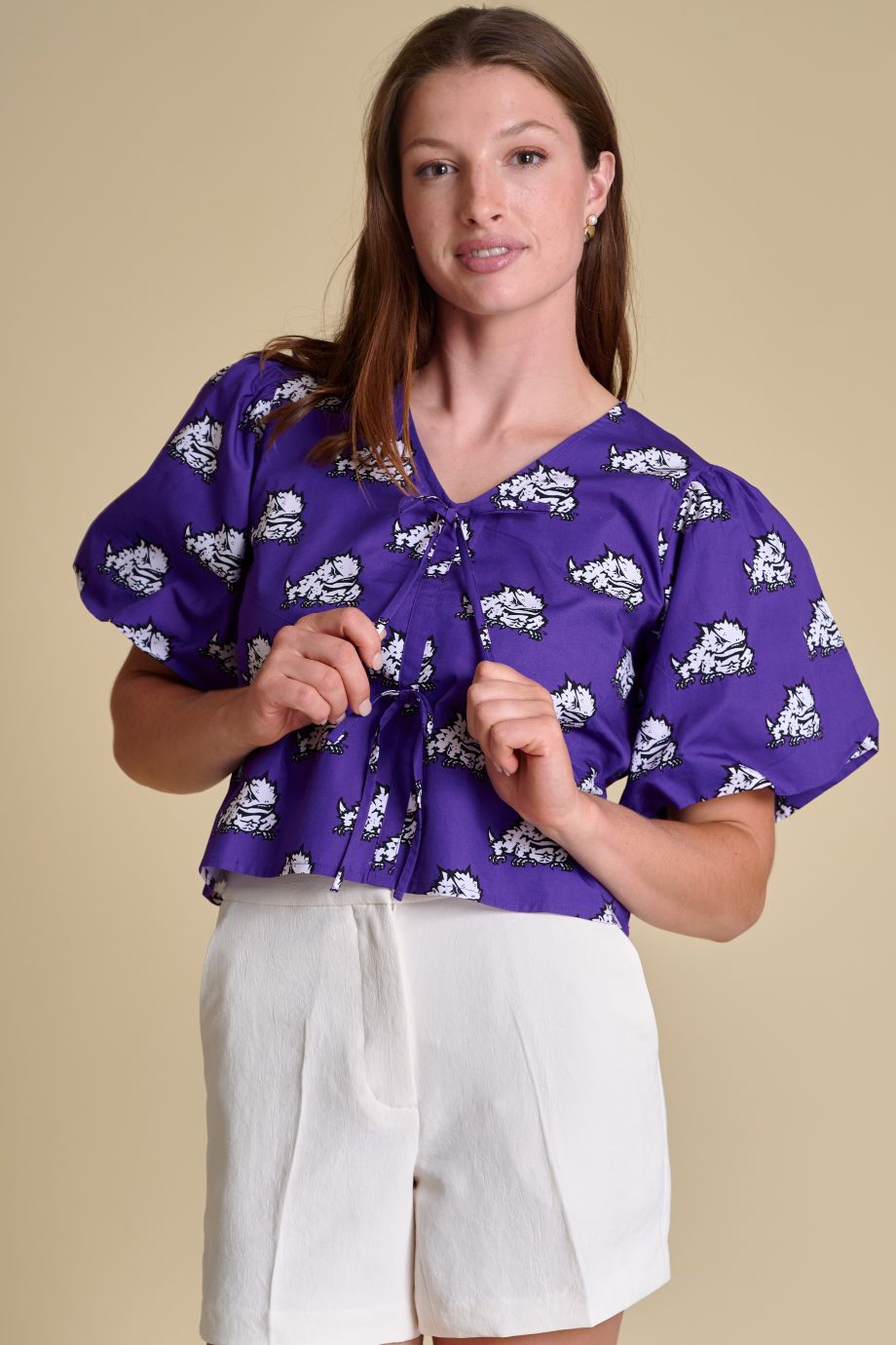 TCU Poplin Puff Sleeve Tie Top - Stewart Simmons - COLOR GAME