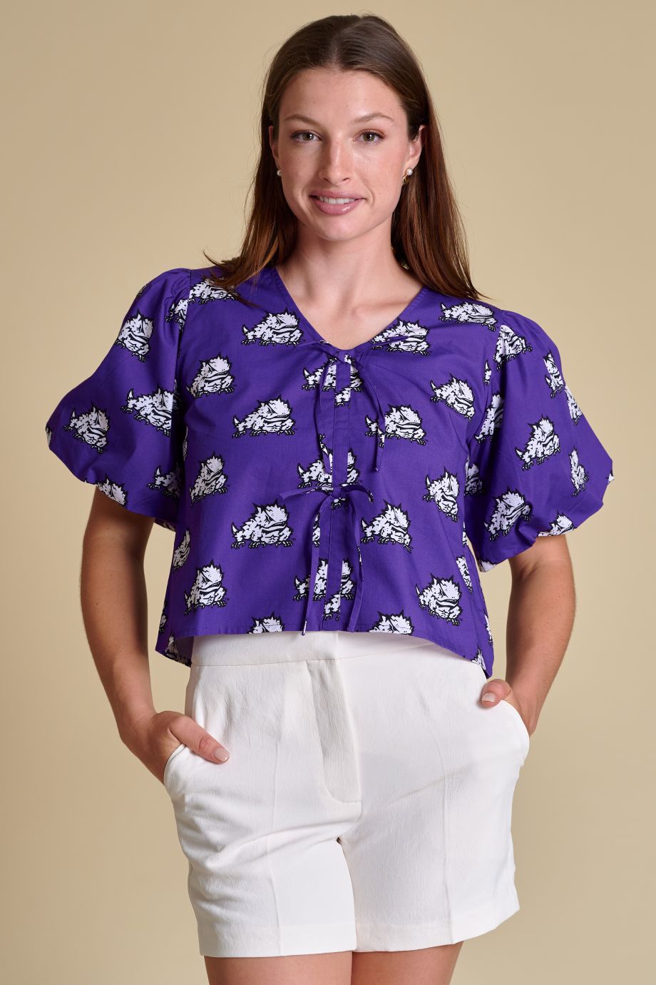 TCU Poplin Puff Sleeve Tie Top - Stewart Simmons - COLOR GAME