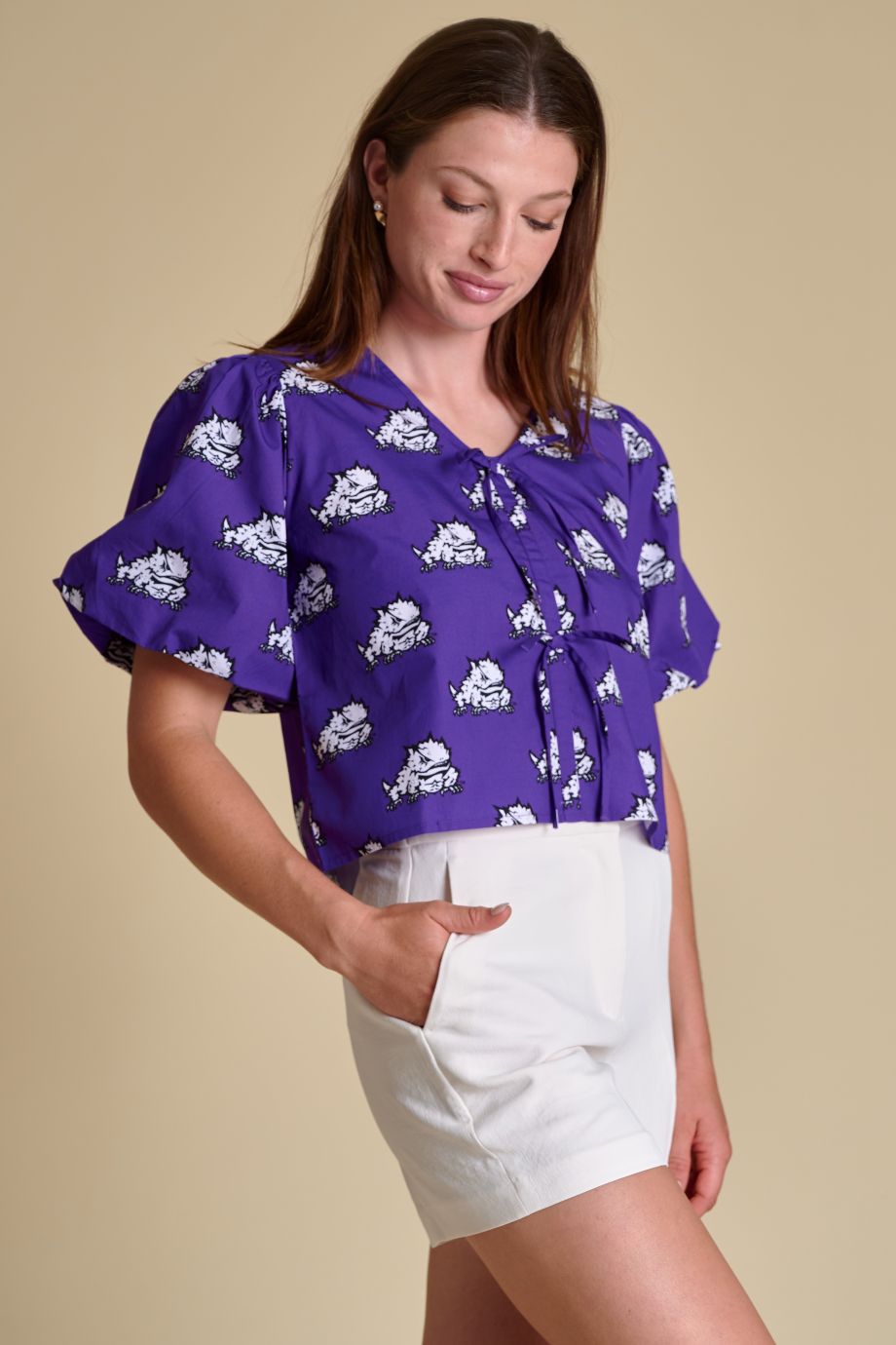 TCU Poplin Puff Sleeve Tie Top - Stewart Simmons - COLOR GAME