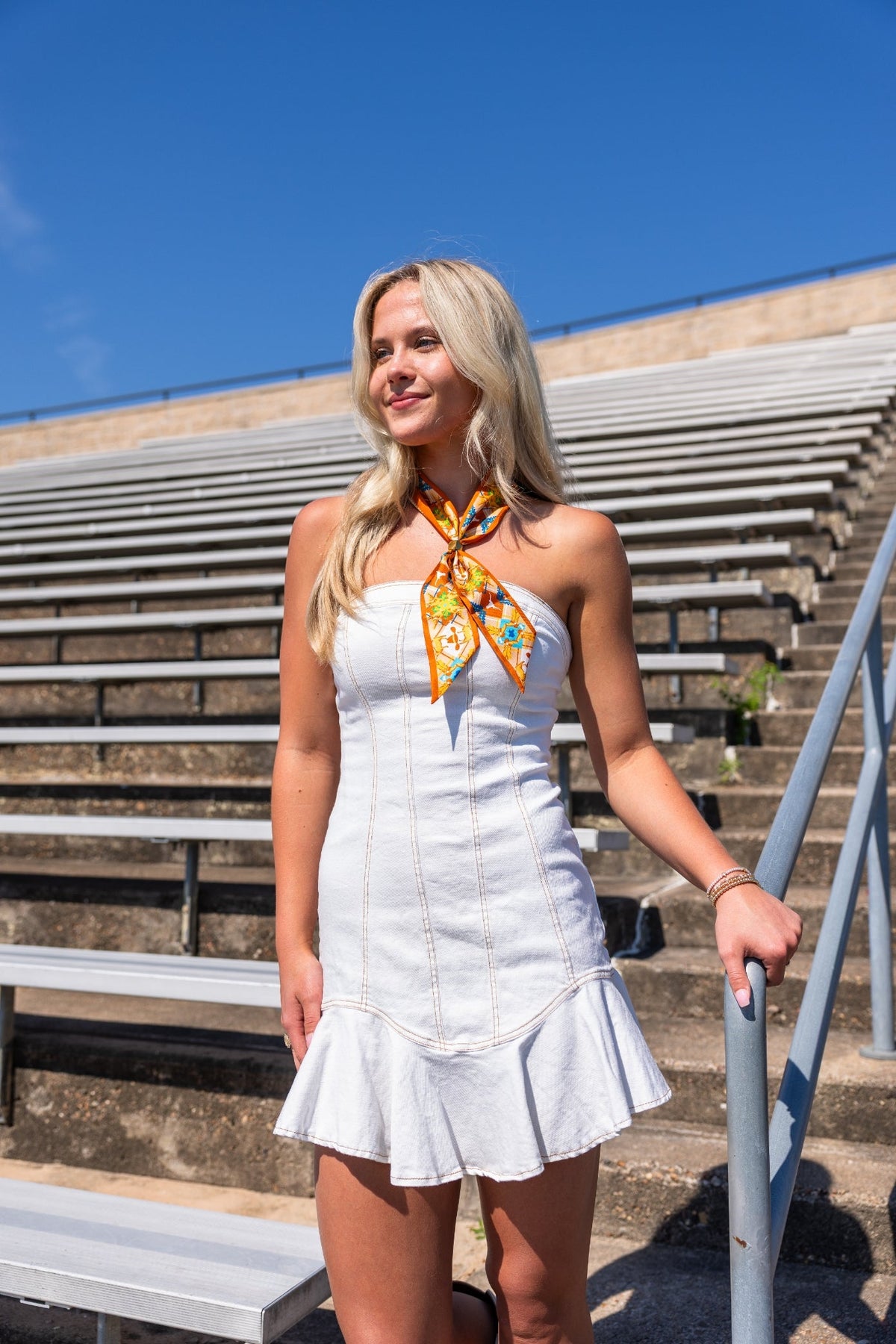 Texas All-Star Skinny Scarf by Saturday Silks – styled on model, alternate view