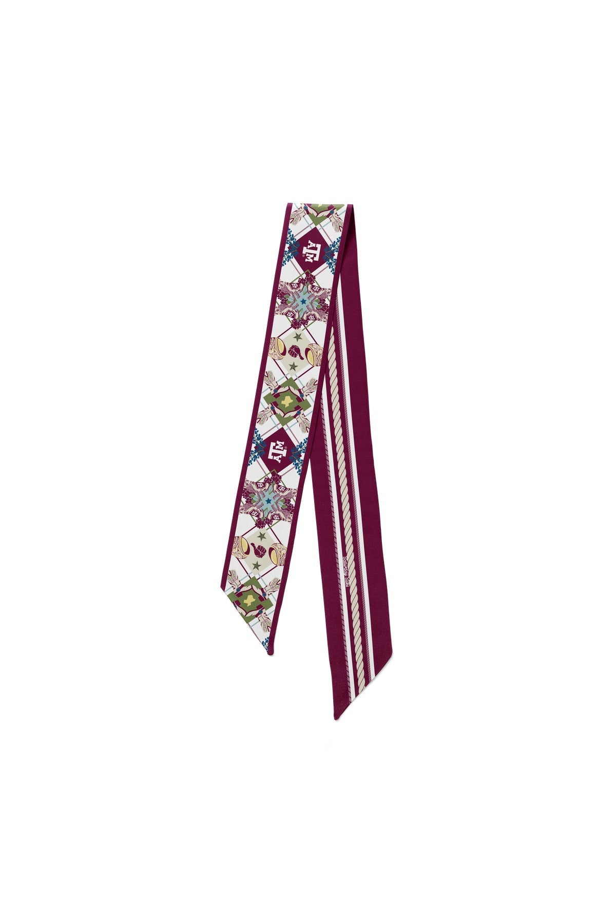 Texas A&M All-Star skinny silk scarf by Saturday Silks in maroon diamond Aggie print
