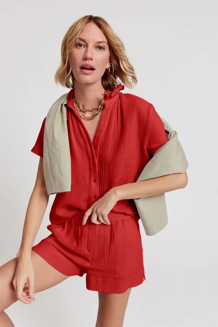 ruby red dress shirt The Stripe Collared Half Button-Up T-Shirts Dress