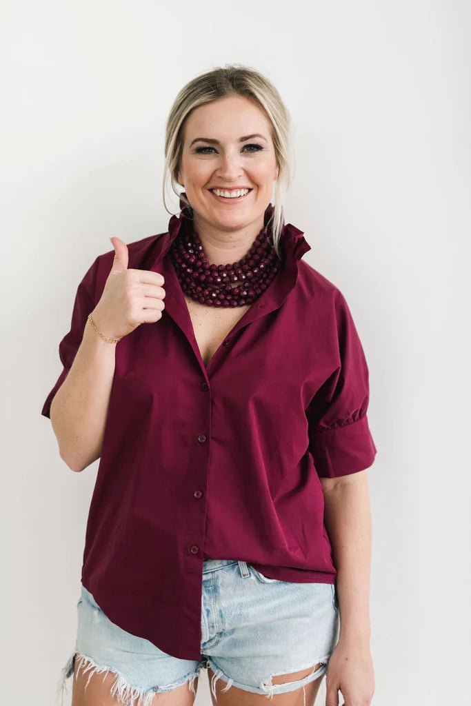 Short Sleeve Ruffle Shirt Maroon - Heidi Houston - Color Game