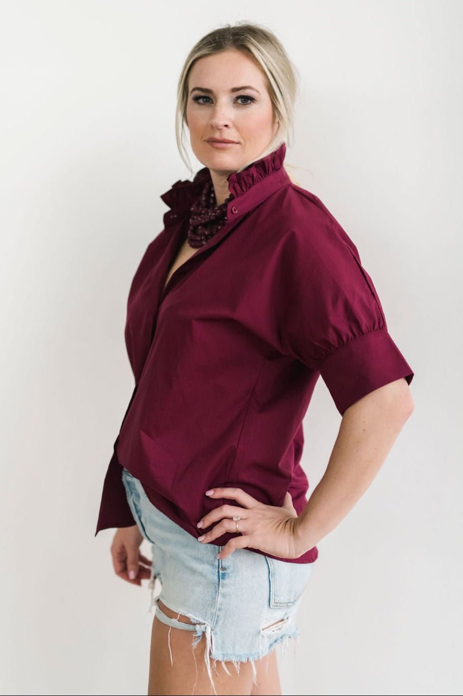 Short Sleeve Ruffle Shirt Maroon - Heidi Houston - Color Game
