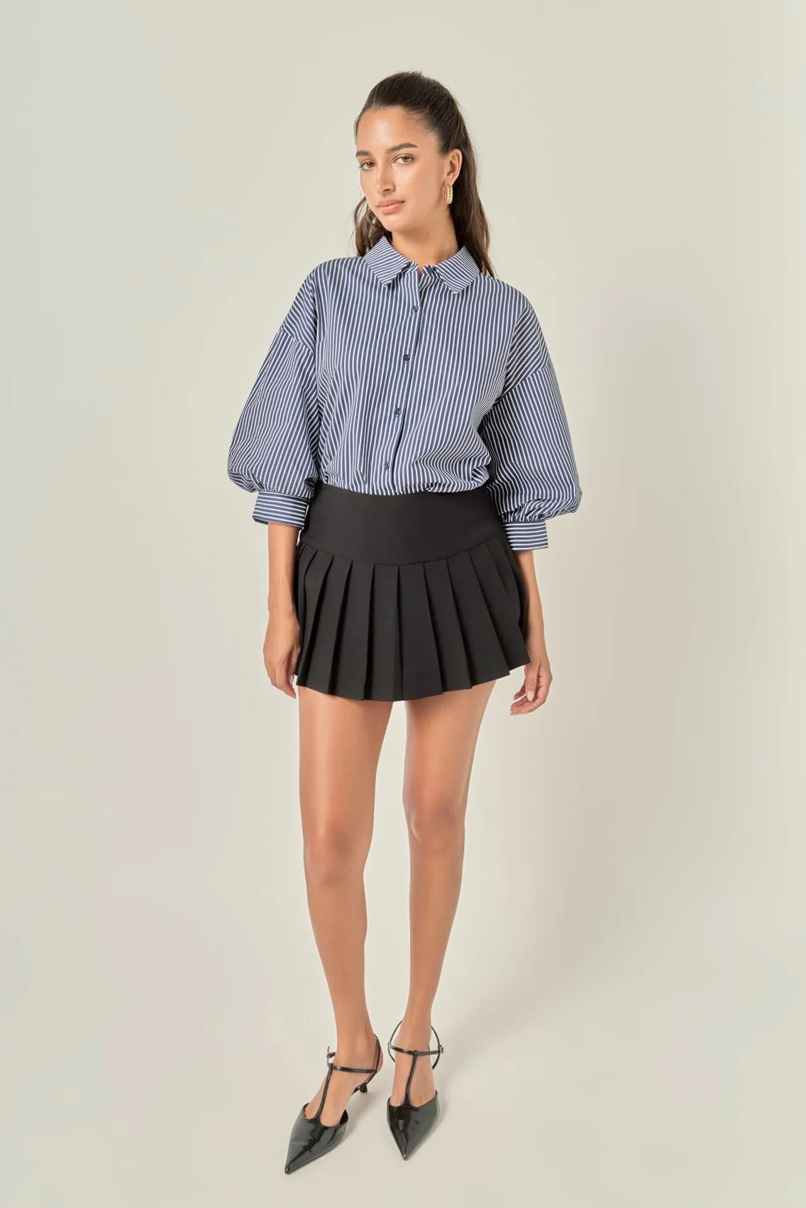 Alix Striped Balloon Sleeve Blouse Navy