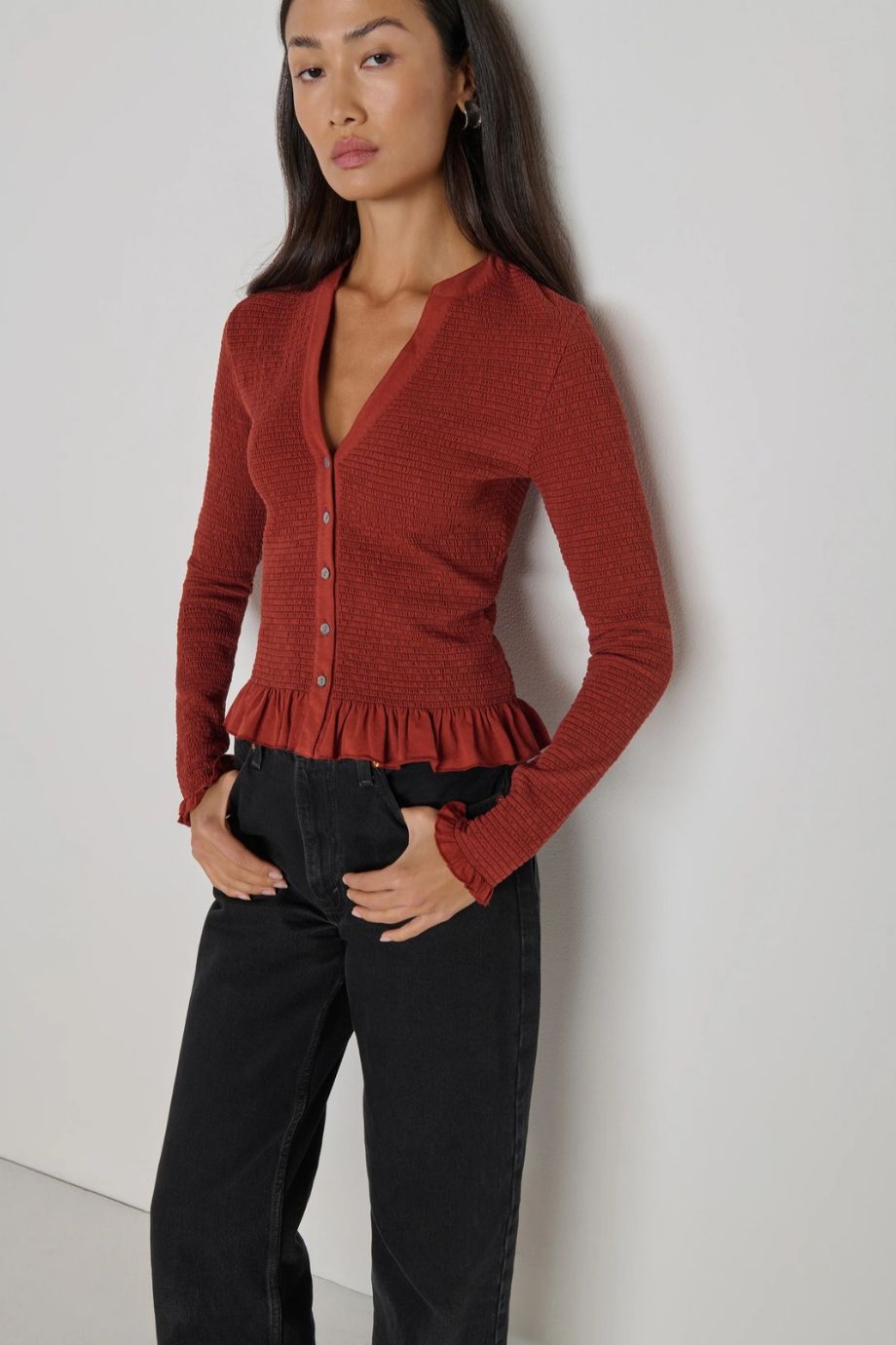 Candace Smocked Peplum Top Chestnut