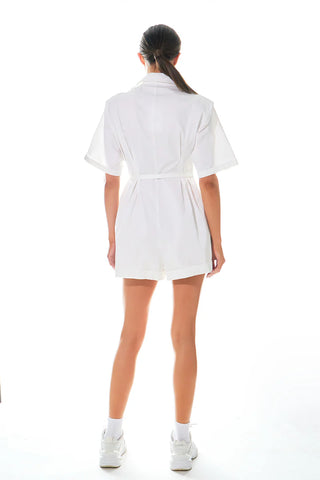 Celia Belted Shirt Romper White