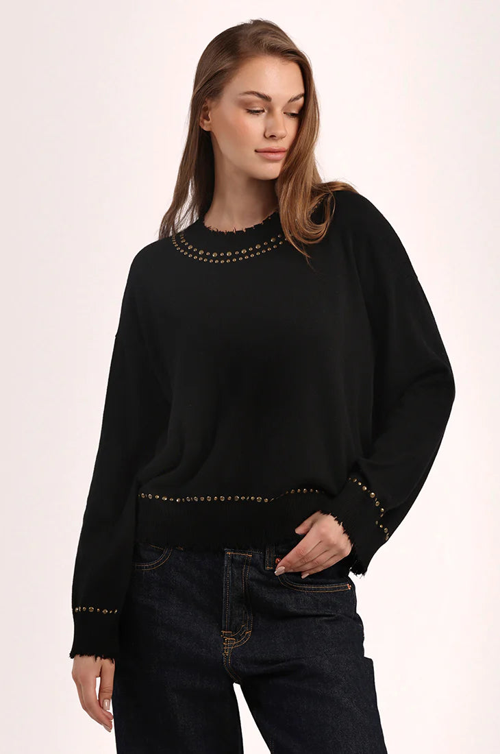 Cotton Cashmere Frayed Crew with Studs
