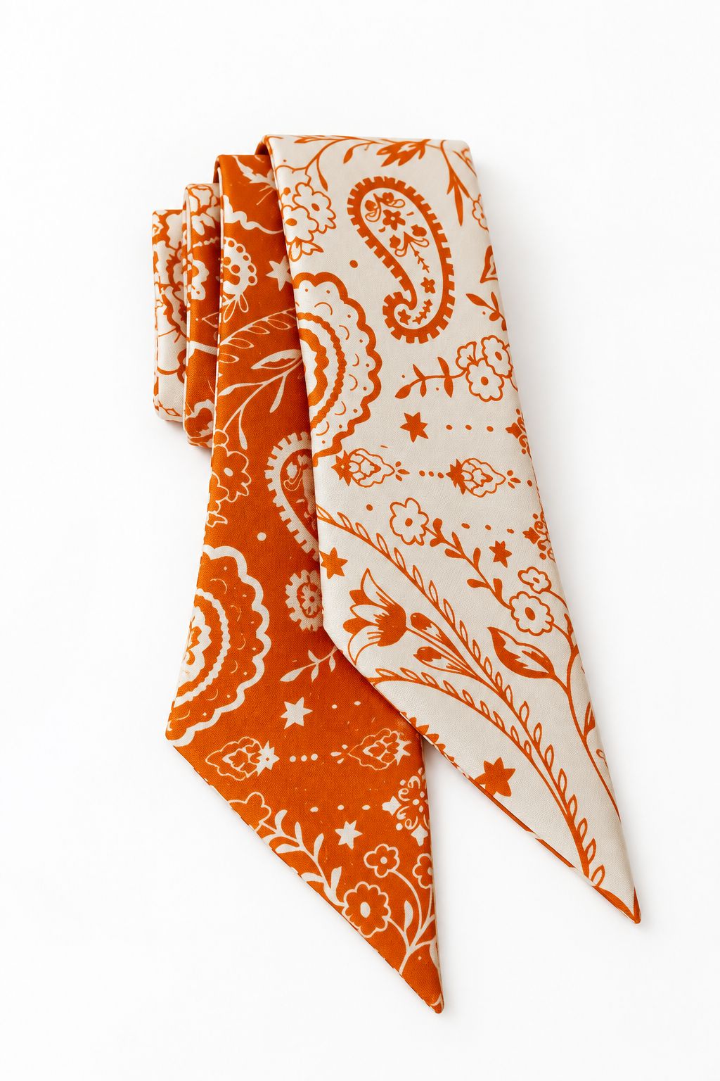 Cream + Orange Silk Paisley Print Lasso Scarf