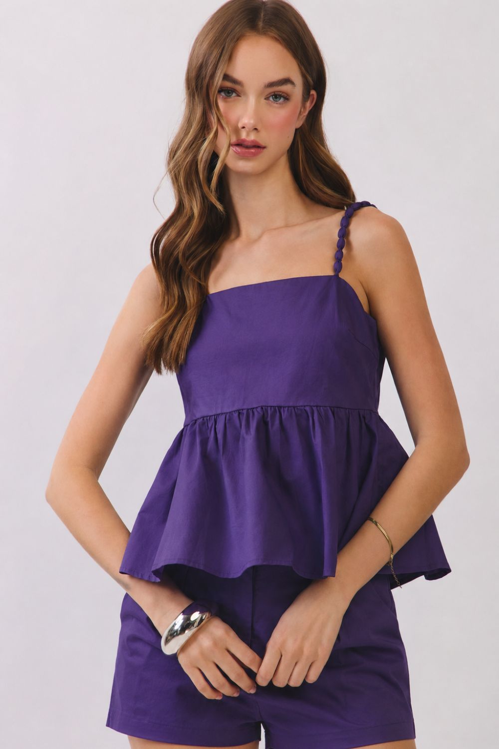 Paulina Beaded Strap Peplum Top Purple