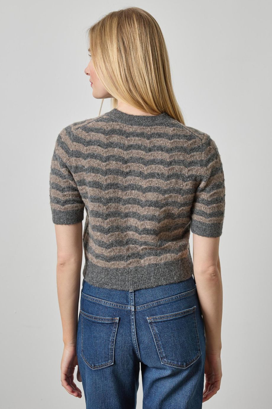 Short Sleeve Crewneck Cardigan Graphite Stripe