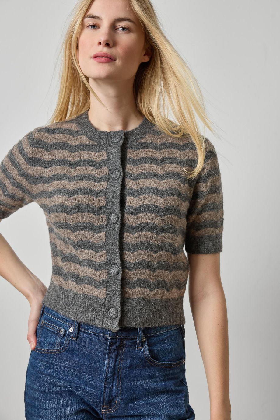 Short Sleeve Crewneck Cardigan Graphite Stripe