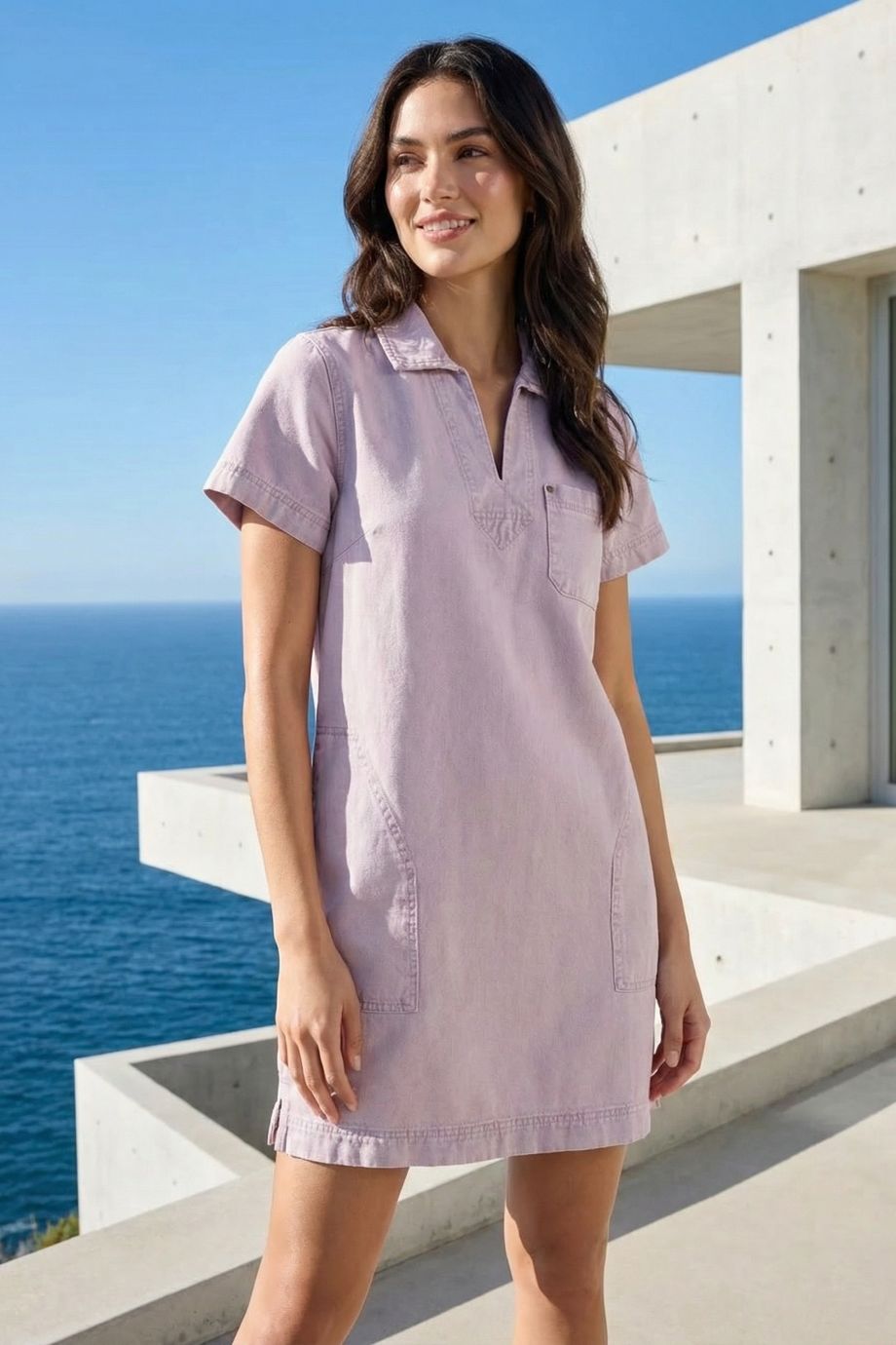 Twill Split Neck Collared Dress