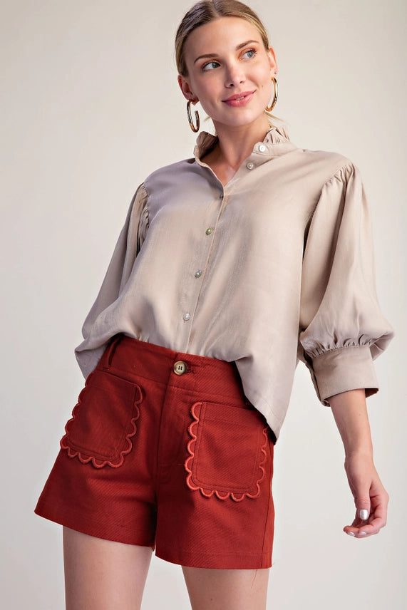 Whitney Scallop Pocket Stretch Denim Shorts Rust