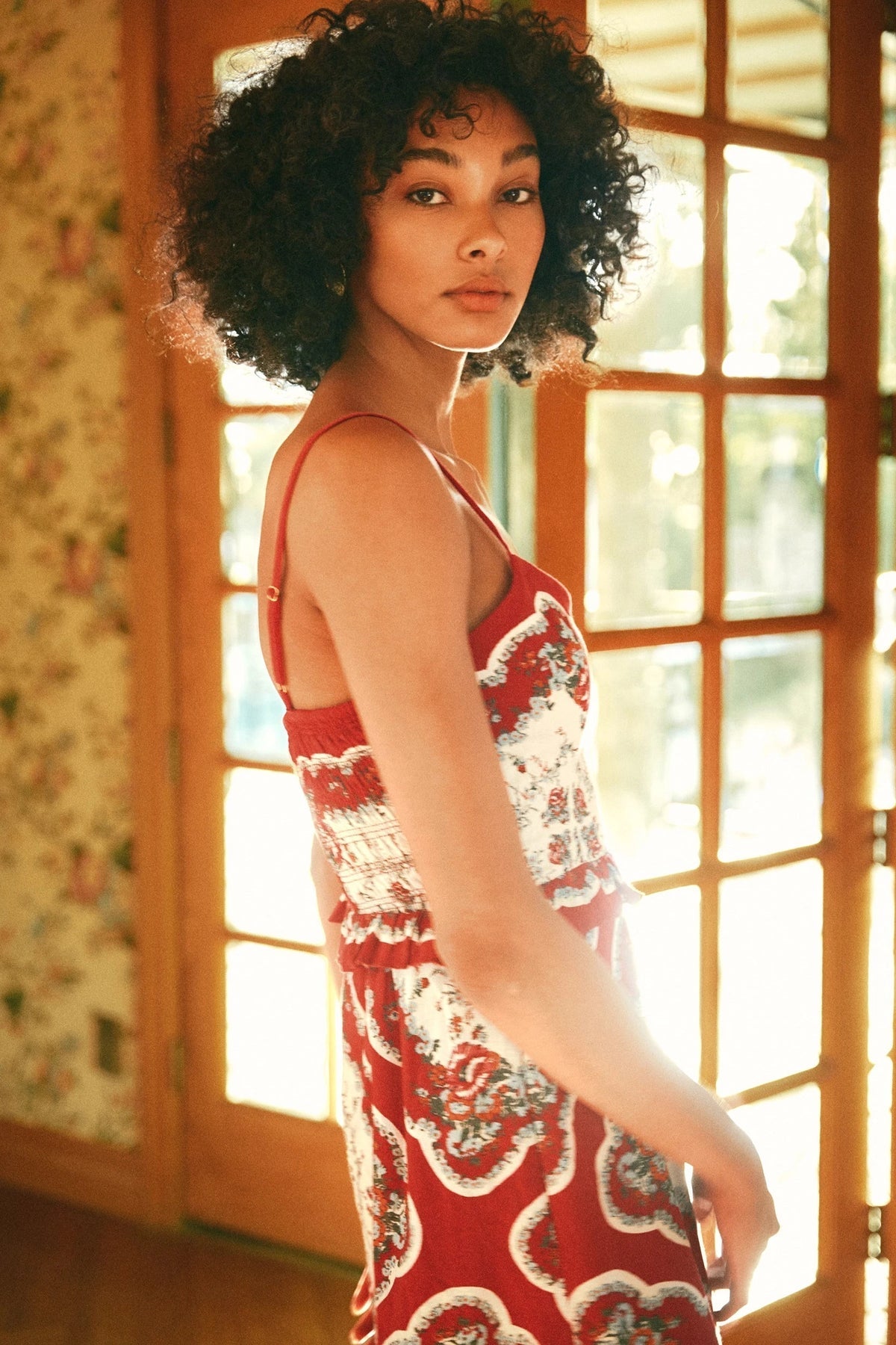 Model wearing the Cleobella Annabelle midi dress in Virelle print