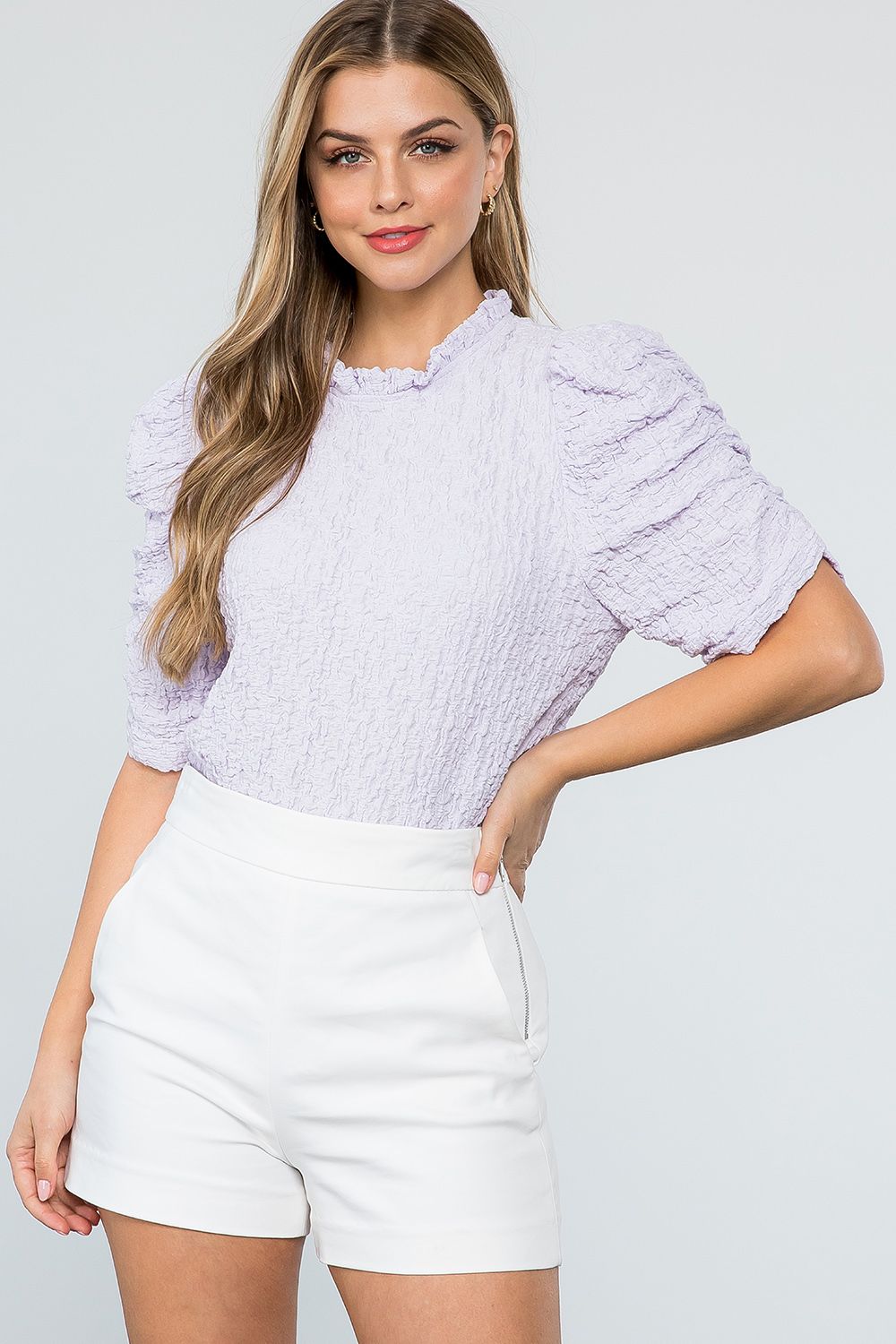 Annie Ruched Sleeve Textured Top Purple - THML - COLOR GAME