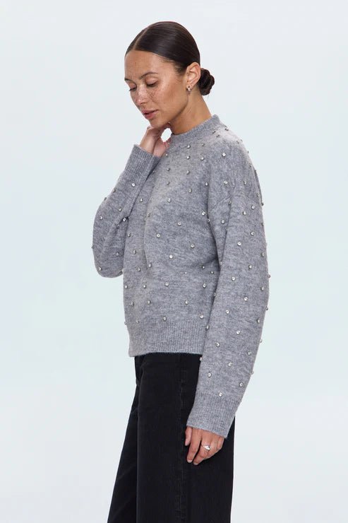Aura Relaxed Crew Neck Embellished Sweater - Pistola - COLOR GAME