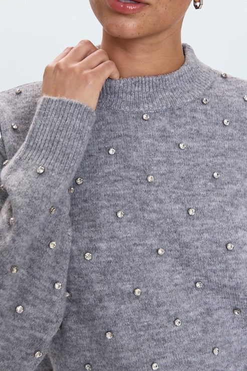 Aura Relaxed Crew Neck Embellished Sweater - Pistola - COLOR GAME