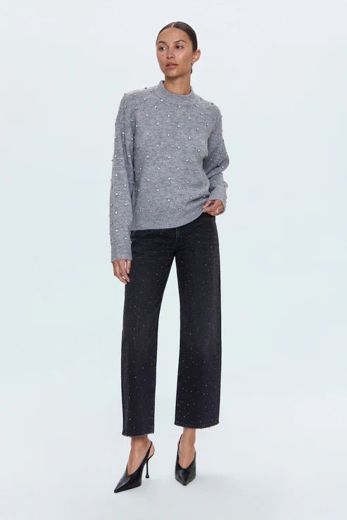 Aura Relaxed Crew Neck Embellished Sweater - Pistola - COLOR GAME