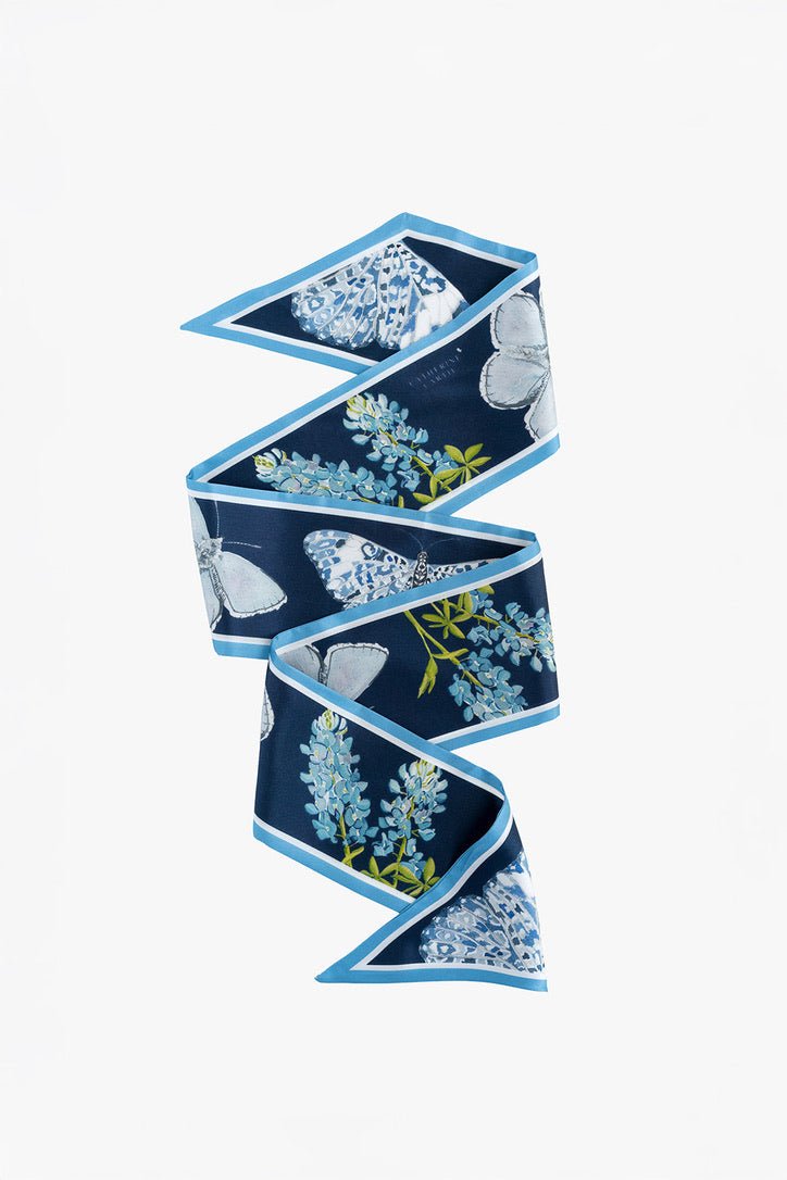 Blue butterfly silk ribbon scarf by Catherine Cartie, view 2