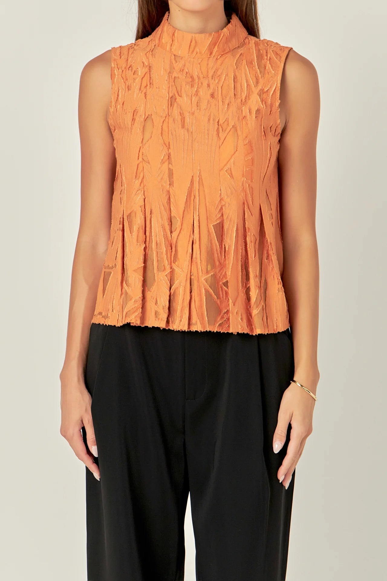 Burnout Pleated Sleeveless Top Burnt Orange - English Factory - COLOR GAME