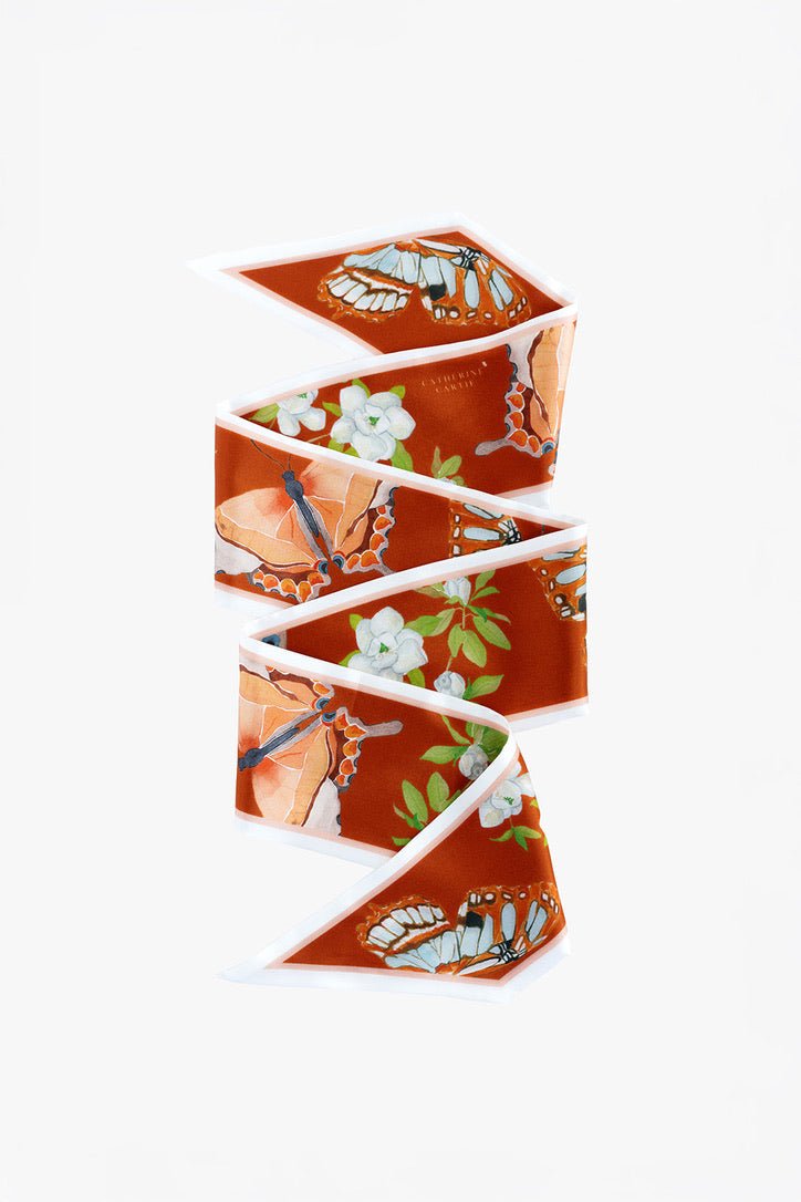 Burnt orange butterfly silk ribbon scarf by Catherine Cartie