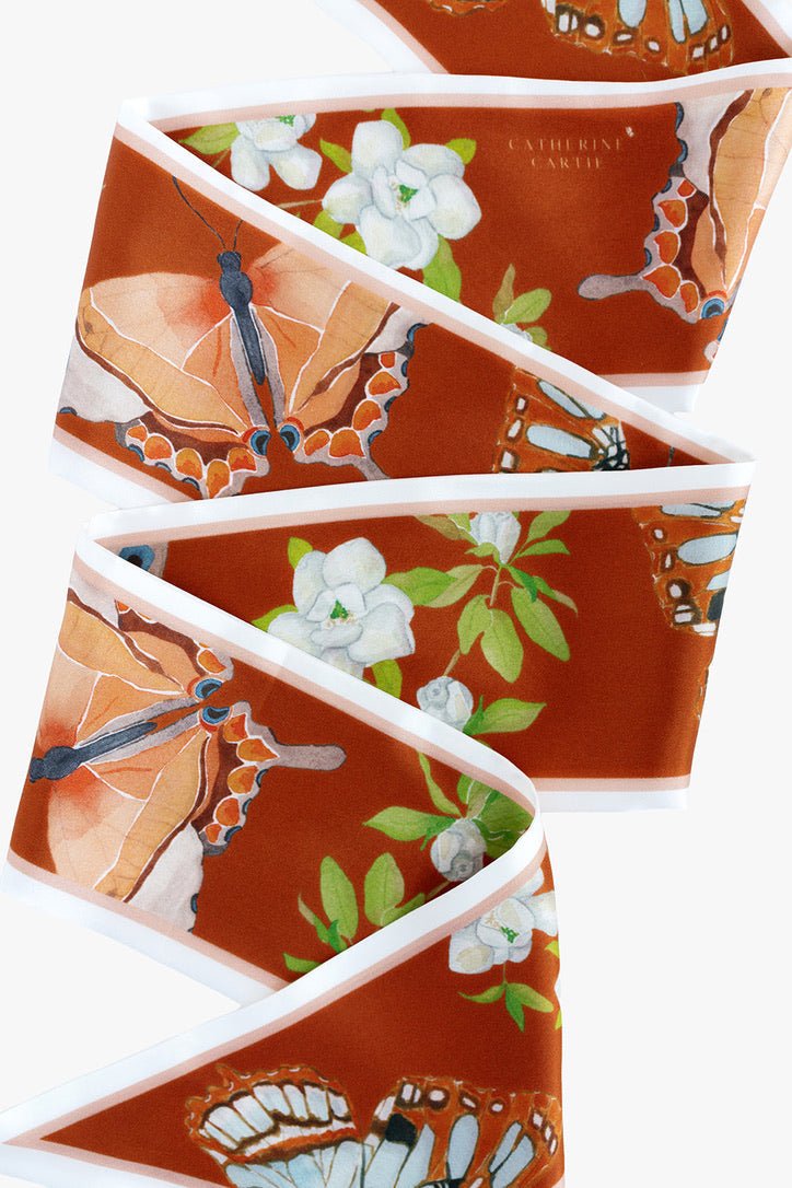 Burnt orange butterfly silk ribbon scarf by Catherine Cartie, view 2