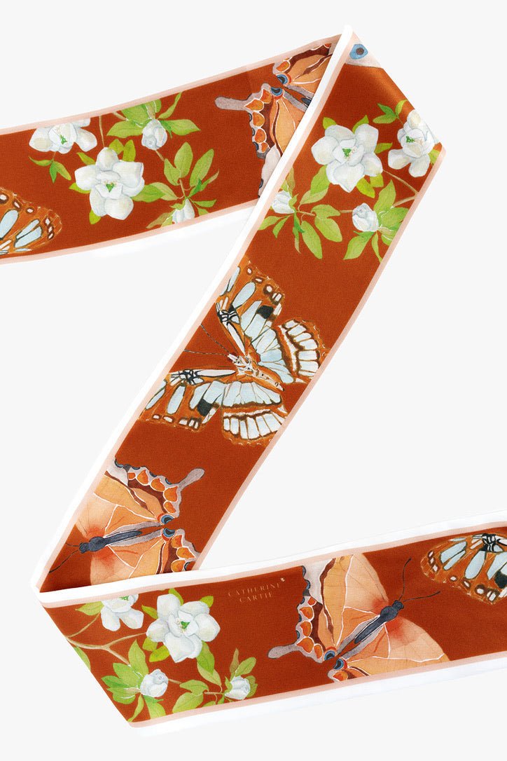 Burnt orange butterfly silk ribbon scarf by Catherine Cartie, view 3