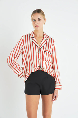 Burnt Orange Striped Satin Button Up Shirt - English Factory - COLOR GAME