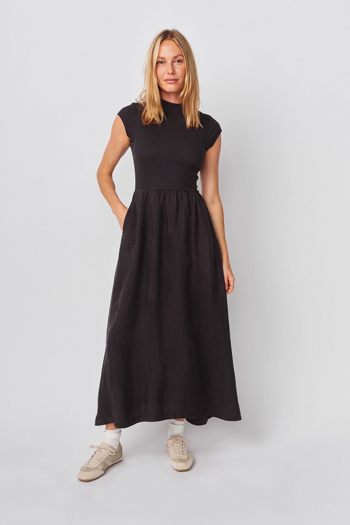 Cap Sleeve Mixed Rib Maxi Dress Black - Sundry - COLOR GAME