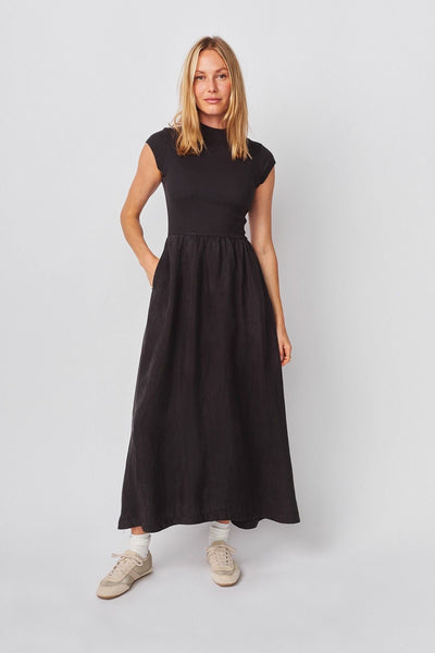 maxi dress capped sleeves Sundry Cap Sleeve Mixed Rib / Cupro Dress in Washed Black - S - Shop Sundry Dresses