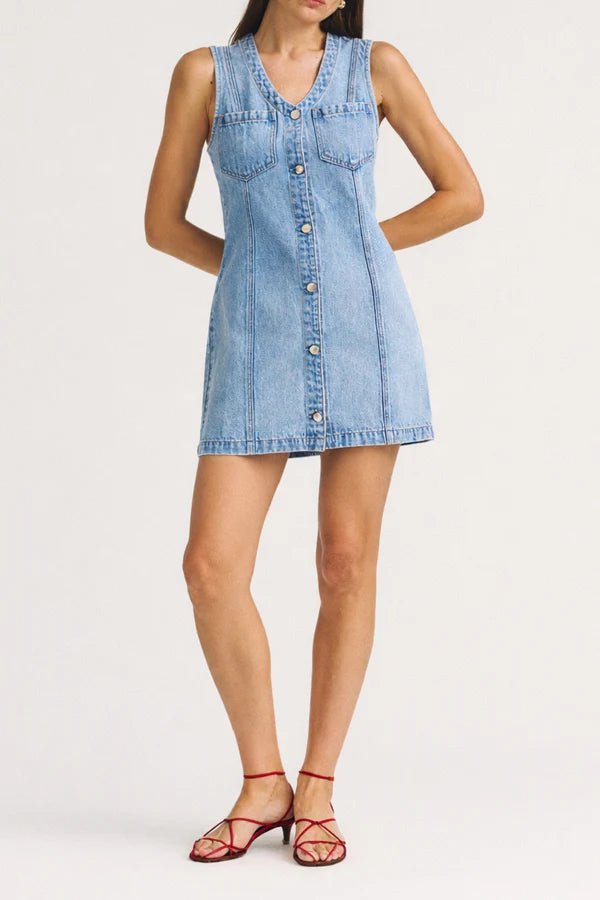 Carmel Button - Front Denim Mini Dress - Pistola - COLOR GAME
