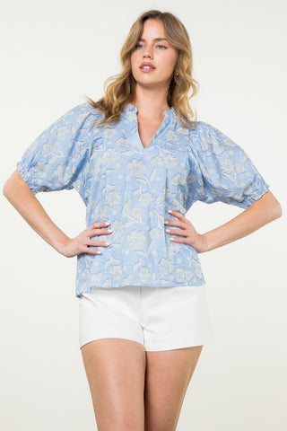 Caroline Light Blue Floral Puff Sleeve Top - THML - Color Game