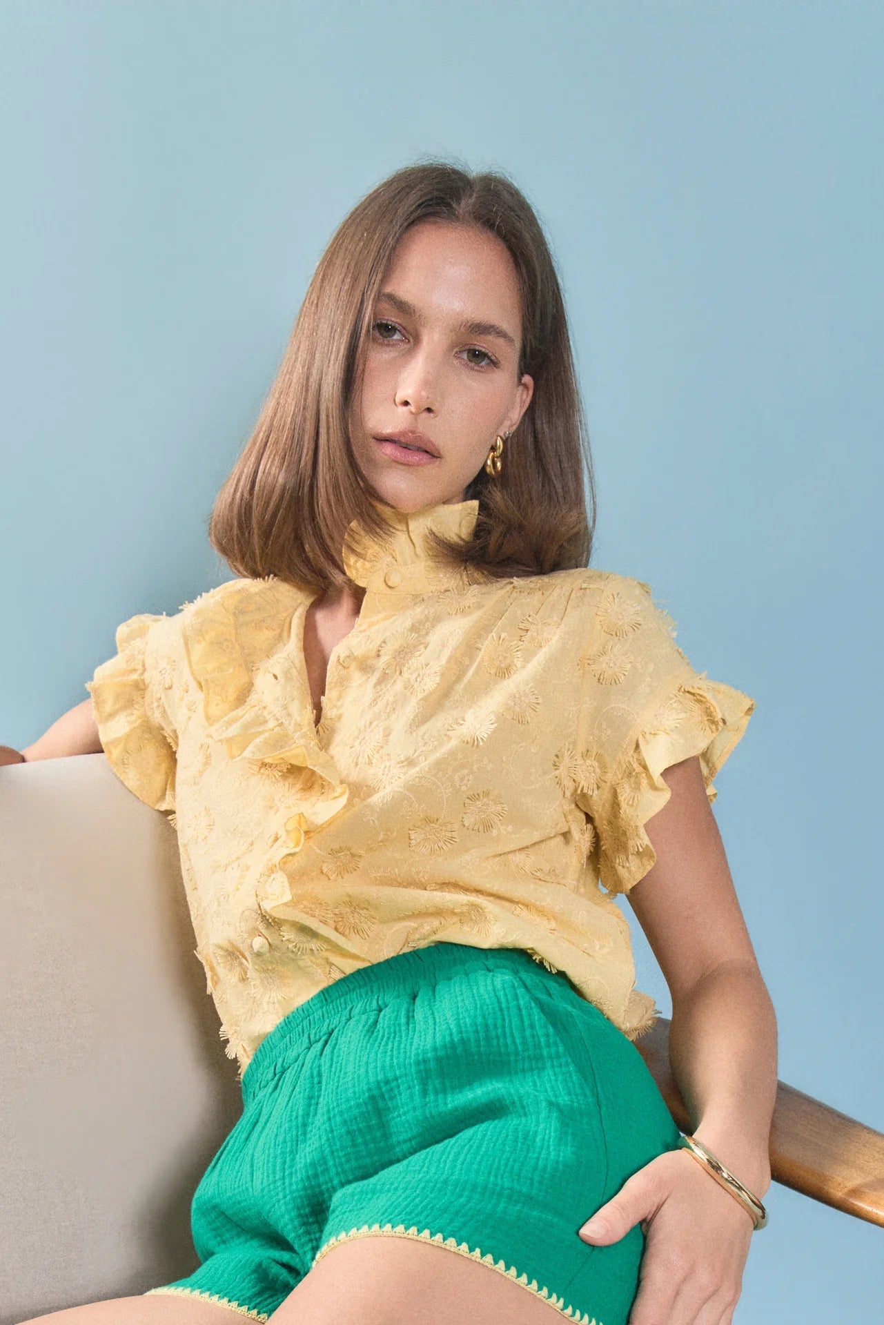 CeCe Embroidered Ruffle Sleeve Shirt Yellow - English Factory - COLOR GAME