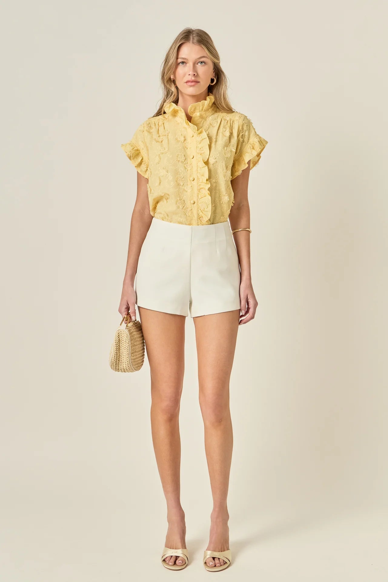 CeCe Embroidered Ruffle Sleeve Shirt Yellow - English Factory - COLOR GAME