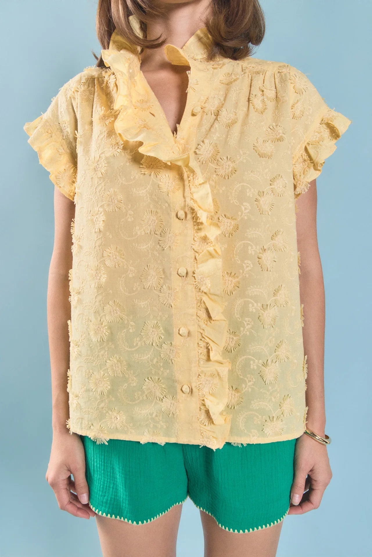 CeCe Embroidered Ruffle Sleeve Shirt Yellow - English Factory - COLOR GAME