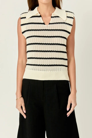 Collared Cream & Black Striped Sweater - English Factory - COLOR GAME