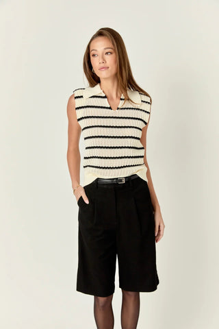 Collared Cream & Black Striped Sweater - English Factory - COLOR GAME