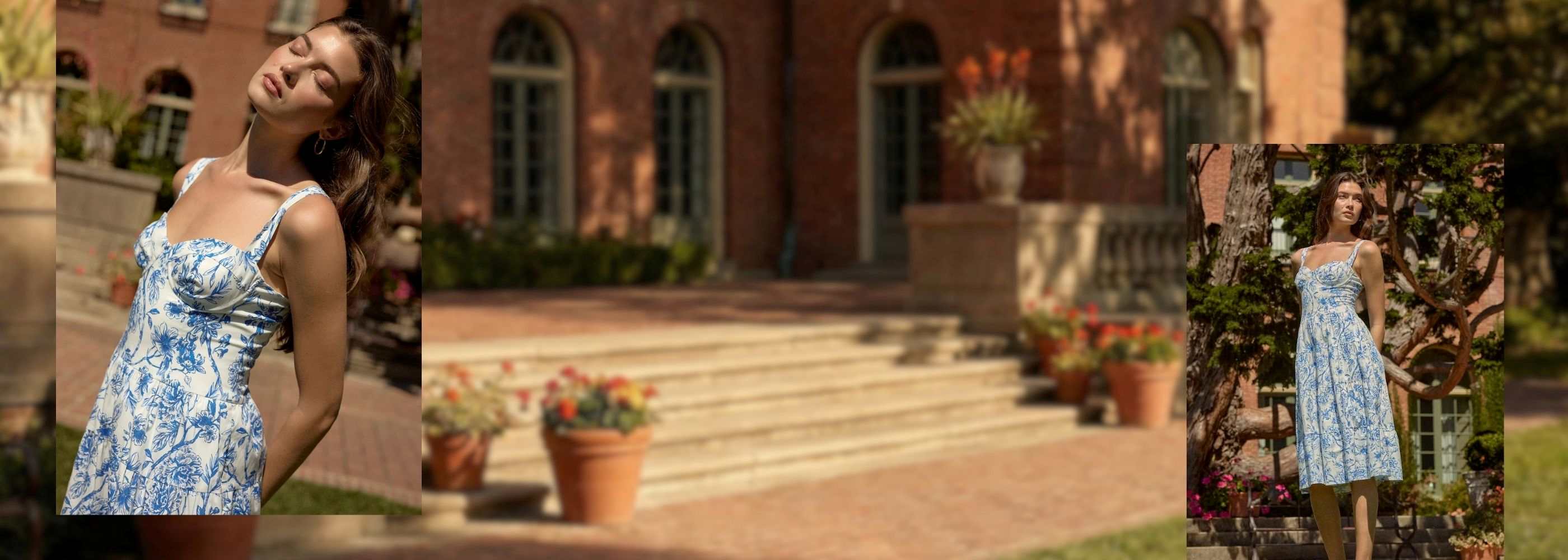 Woman in blue and white chinoiserie midi dress at garden estate — wedding guest and garden party styles at Color Game boutique Fort Worth