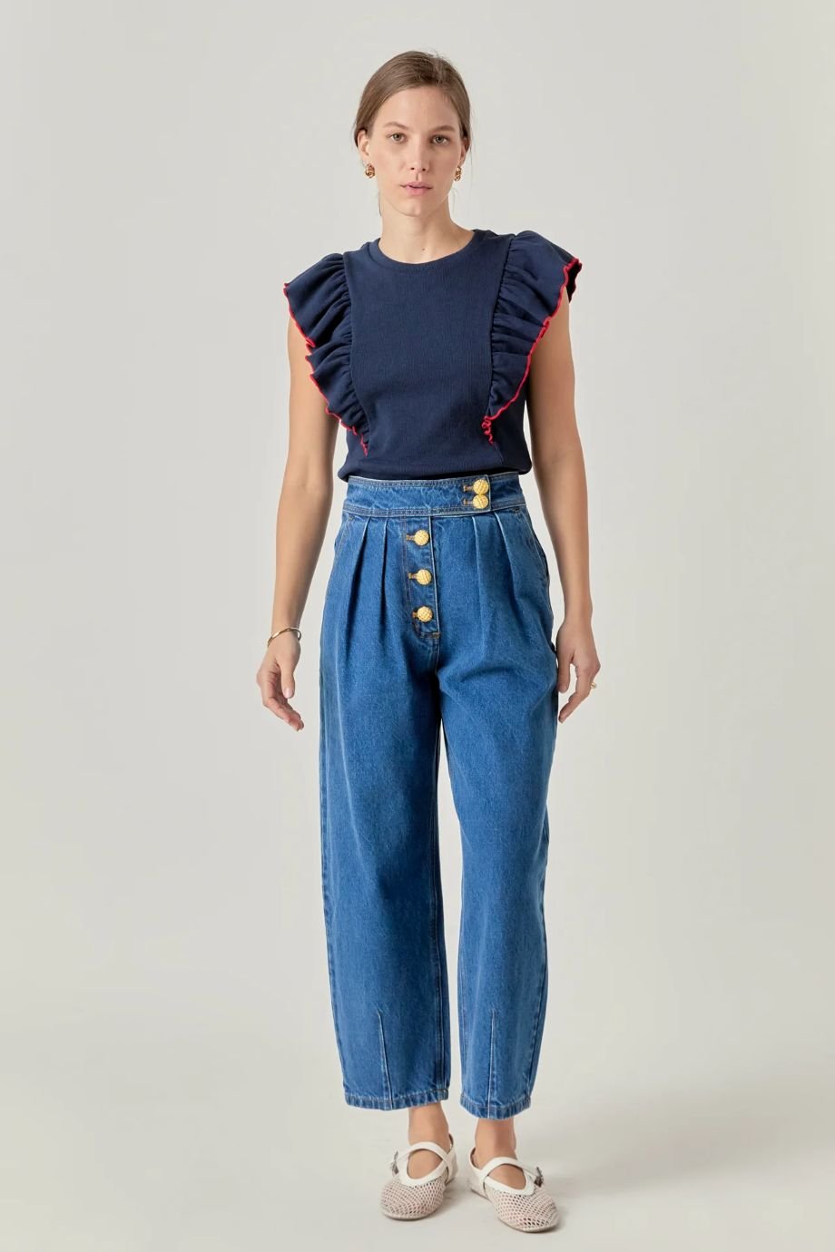 Contrast Merrow Detail Ruffled Knit Top - FINAL SALE - English Factory - COLOR GAME