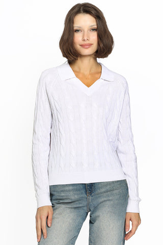 Cotton Cable V - Neck Collared Sweater White - Minnie Rose - COLOR GAME