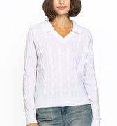 Cotton Cable V - Neck Collared Sweater White - Minnie Rose - COLOR GAME