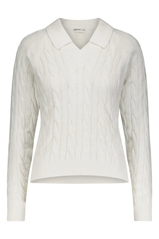 Cotton Cable V - Neck Collared Sweater White - Minnie Rose - COLOR GAME