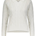 Cotton Cable V - Neck Collared Sweater White - Minnie Rose - COLOR GAME