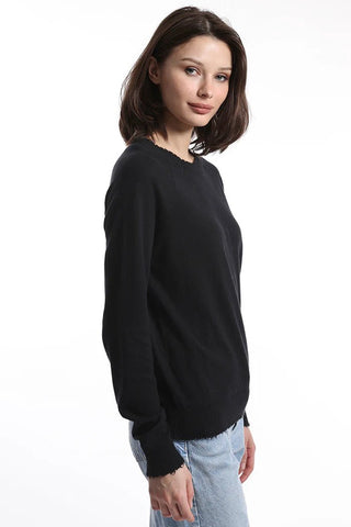 Cotton Cashmere Frayed Edge Crew Black - Minnie Rose - COLOR GAME